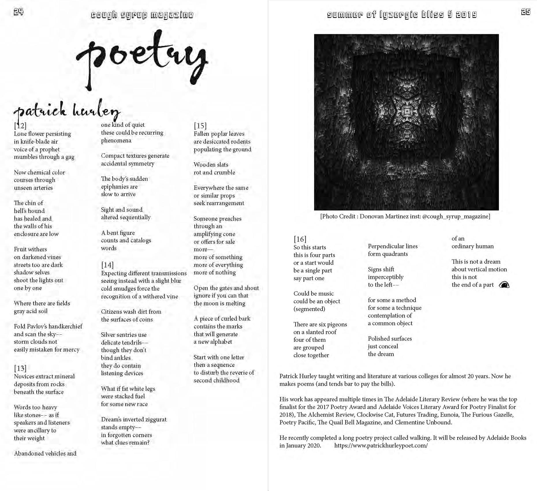 Cough Syrup Magazine Summer 2019: Poetry fronticepiece spread, Patrick Hurley's Selections from 'Neck'